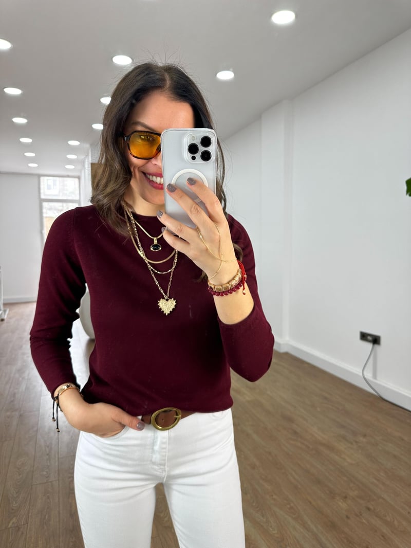 Bisiklet Yaka Basic Triko - Bordo