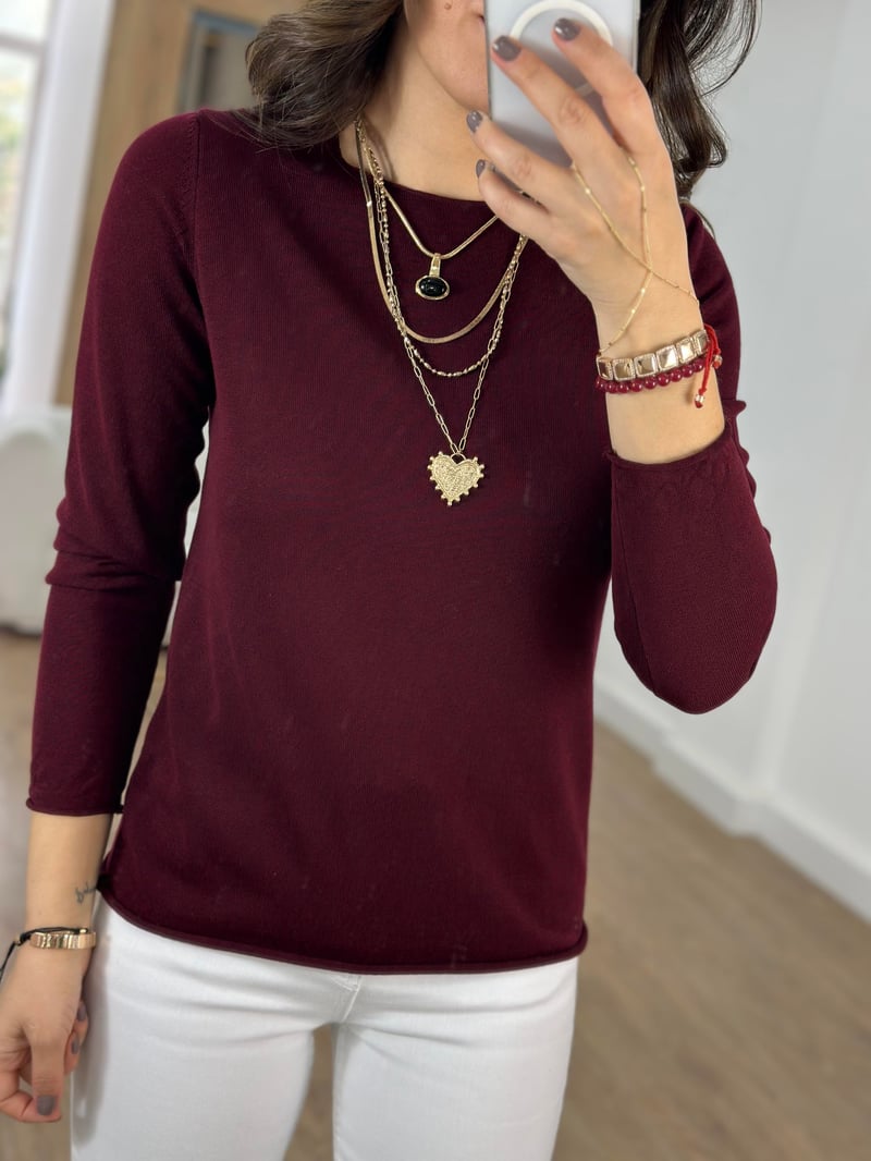 Bisiklet Yaka Basic Triko - Bordo