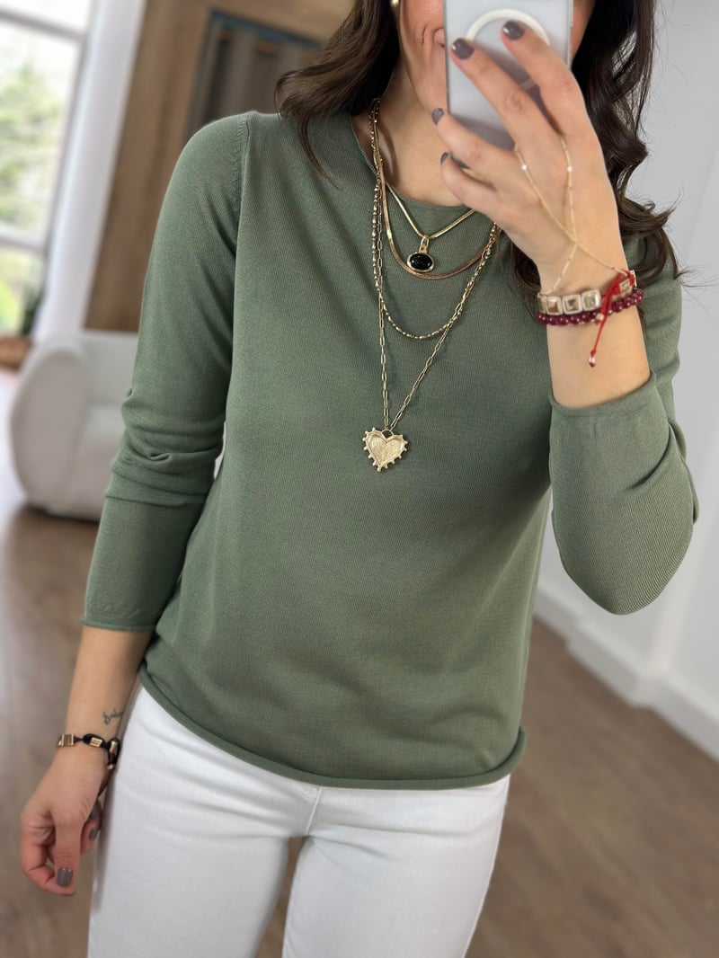 Bisiklet Yaka Basic Triko - Haki