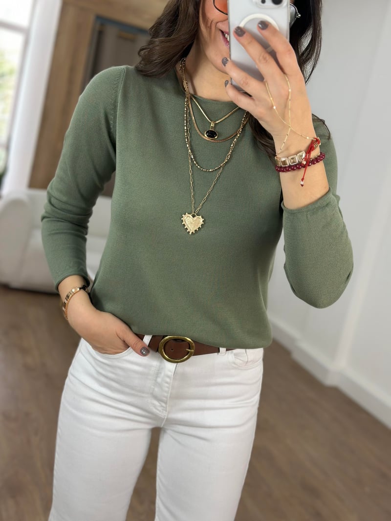 Bisiklet Yaka Basic Triko - Haki