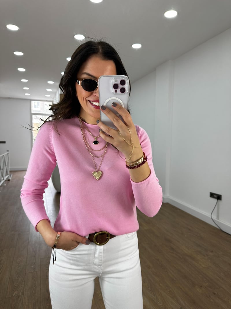 Bisiklet Yaka Basic Triko - Pembe