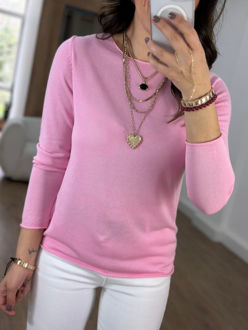 Bisiklet Yaka Basic Triko - Pembe