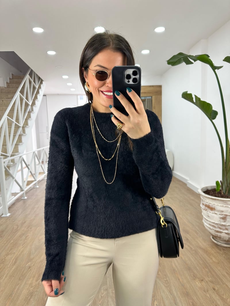 Bisiklet Yaka Basic Yumoş Kazak-Siyah