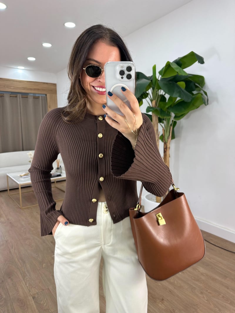 Bisiklet Yaka Düğmeli İspanyol Kol Triko Hırka - Kahverengi