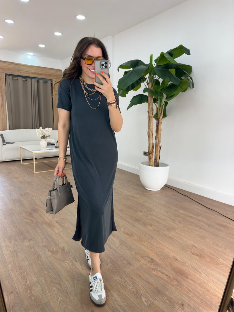 Bisiklet Yaka Modal Basic Elbise - Antrasit