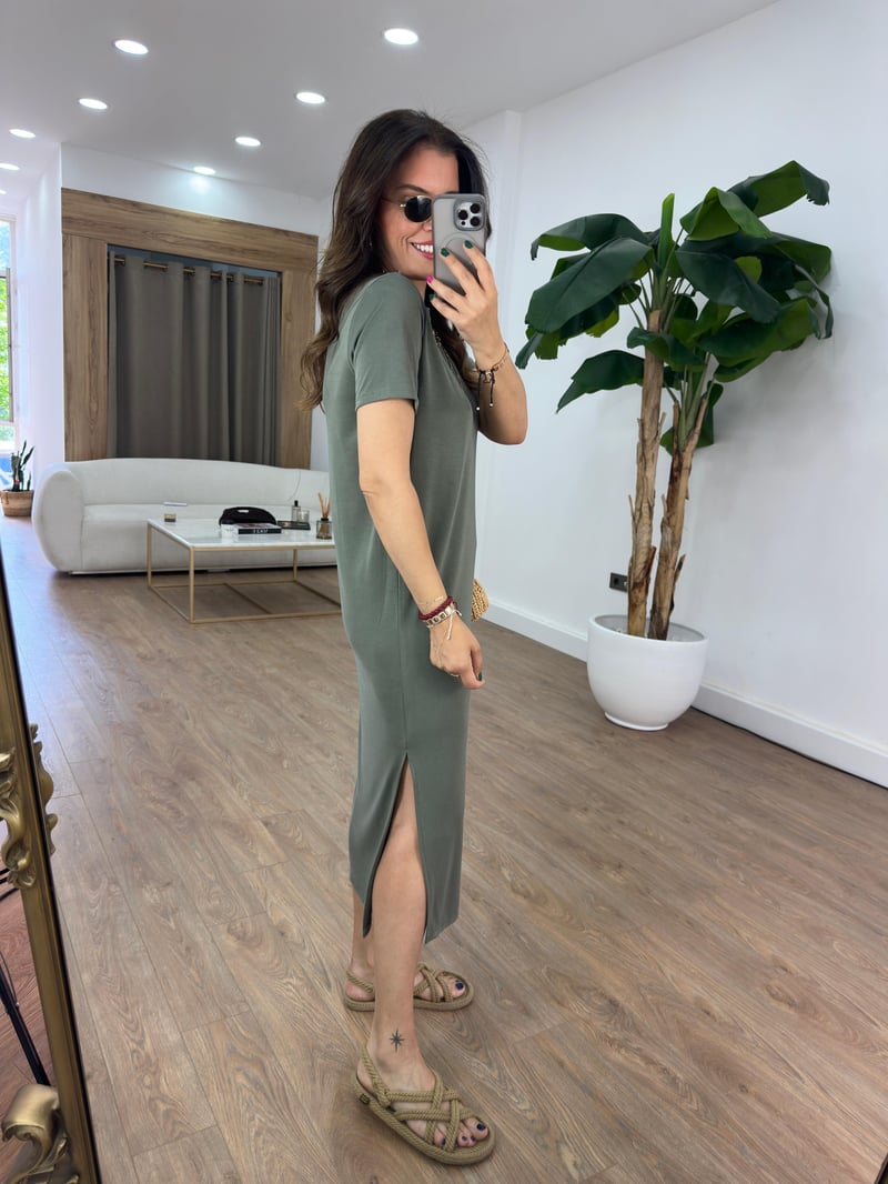 Bisiklet Yaka Modal Basic Elbise - Haki