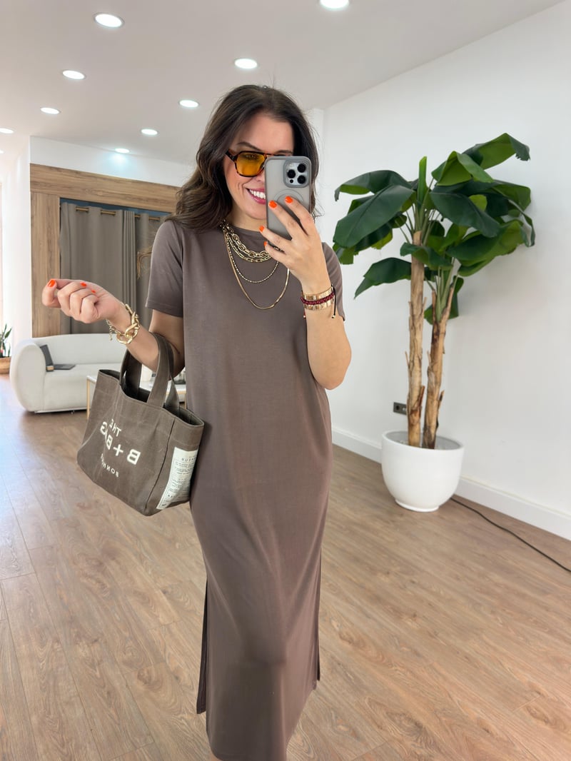 Bisiklet Yaka Modal Basic Elbise - Kahverengi