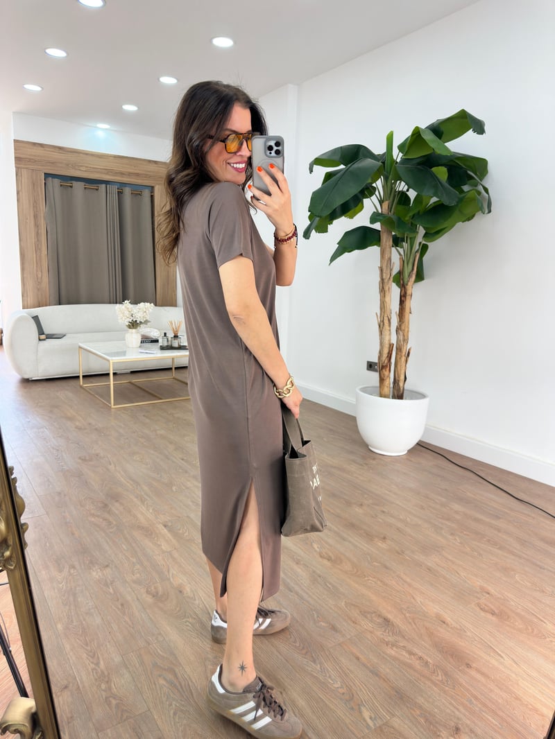 Bisiklet Yaka Modal Basic Elbise - Kahverengi