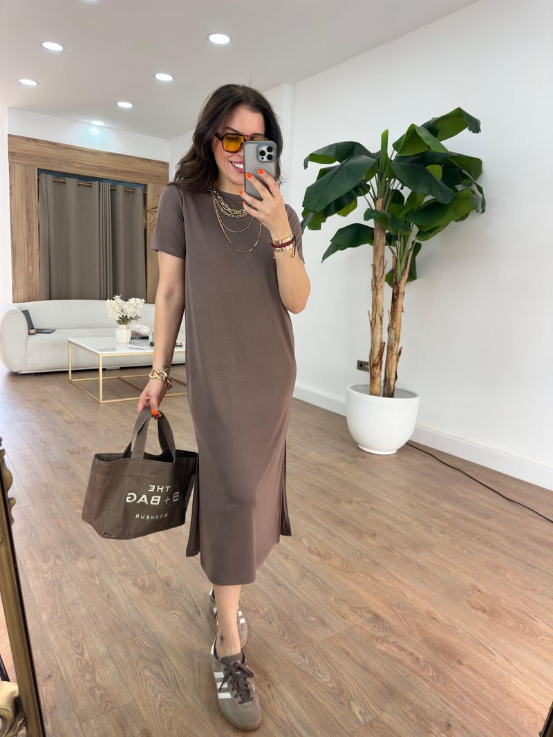 Bisiklet Yaka Modal Basic Elbise - Kahverengi