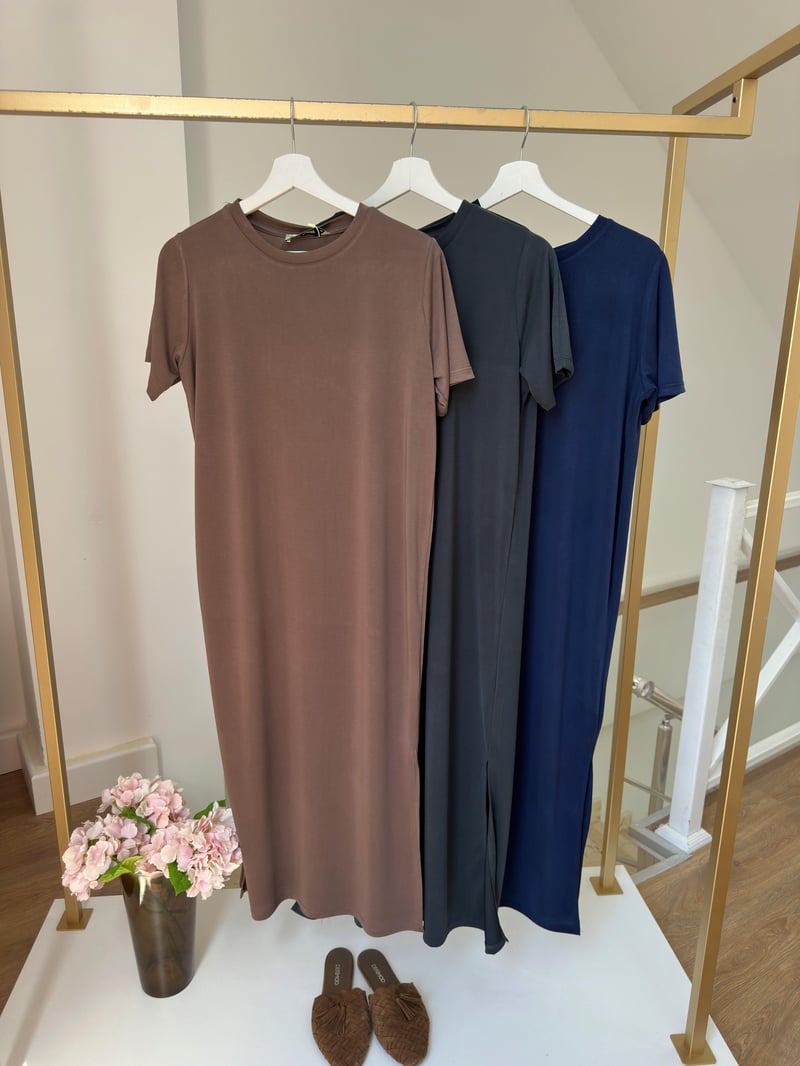 Bisiklet Yaka Modal Basic Elbise - Kahverengi