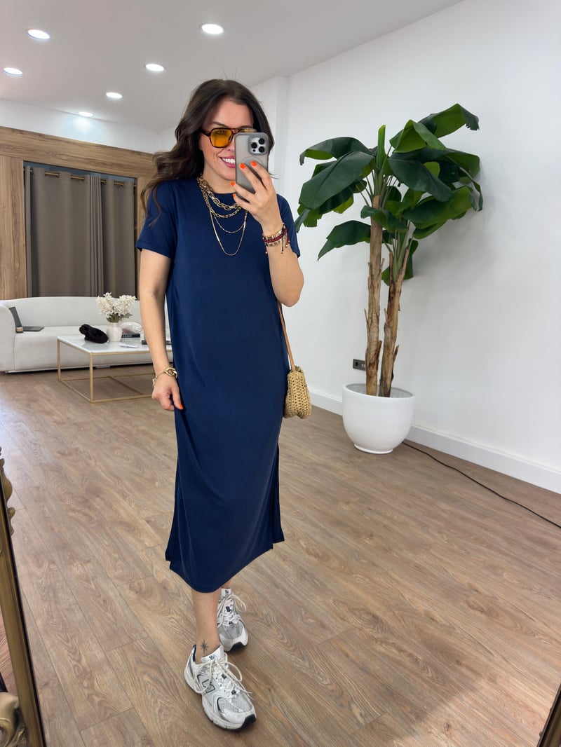 Bisiklet Yaka Modal Basic Elbise - Lacivert