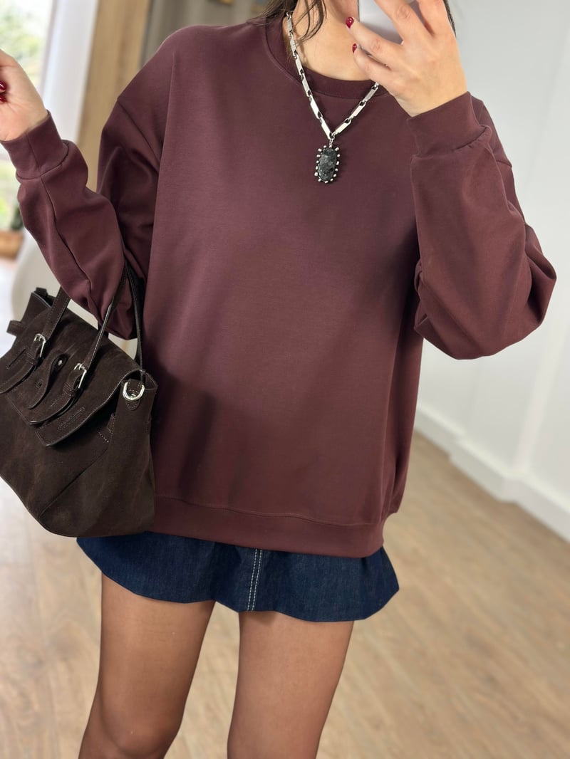 Bisiklet Yaka Pamuklu Basic Sweatshirt - Kahverengi