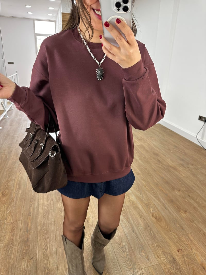 Bisiklet Yaka Pamuklu Basic Sweatshirt - Kahverengi