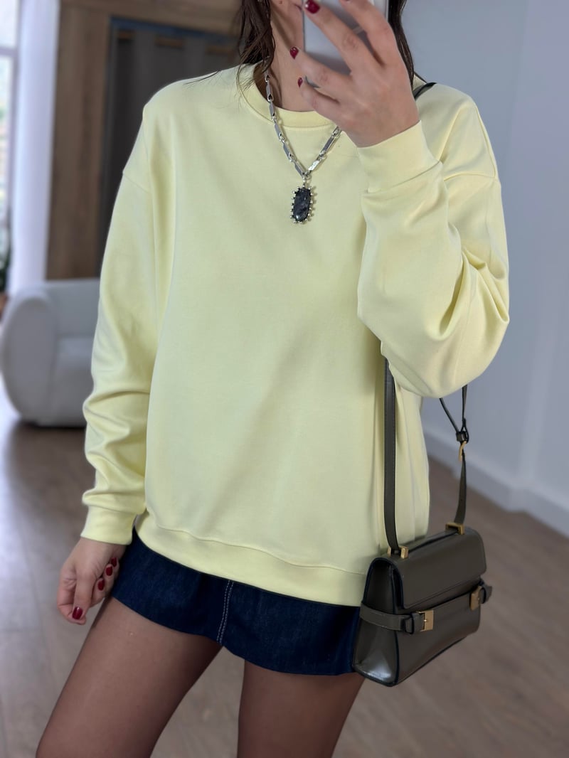 Bisiklet Yaka Pamuklu Basic Sweatshirt - Sarı