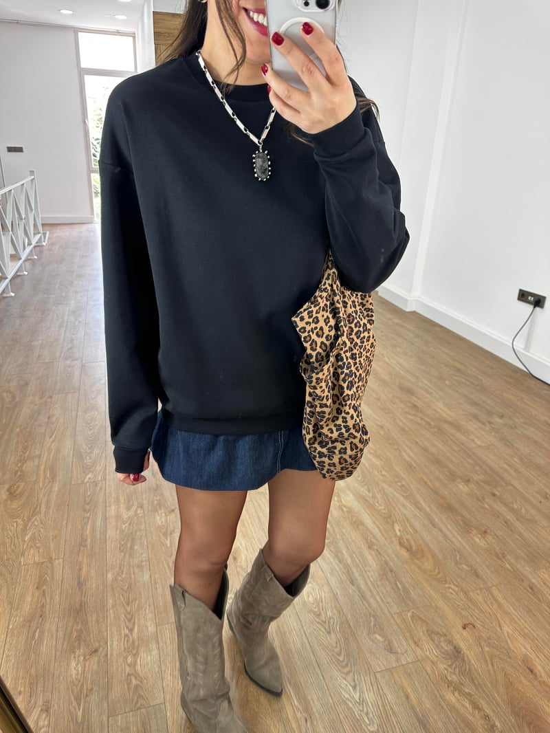 Bisiklet Yaka Pamuklu Basic Sweatshirt - Siyah