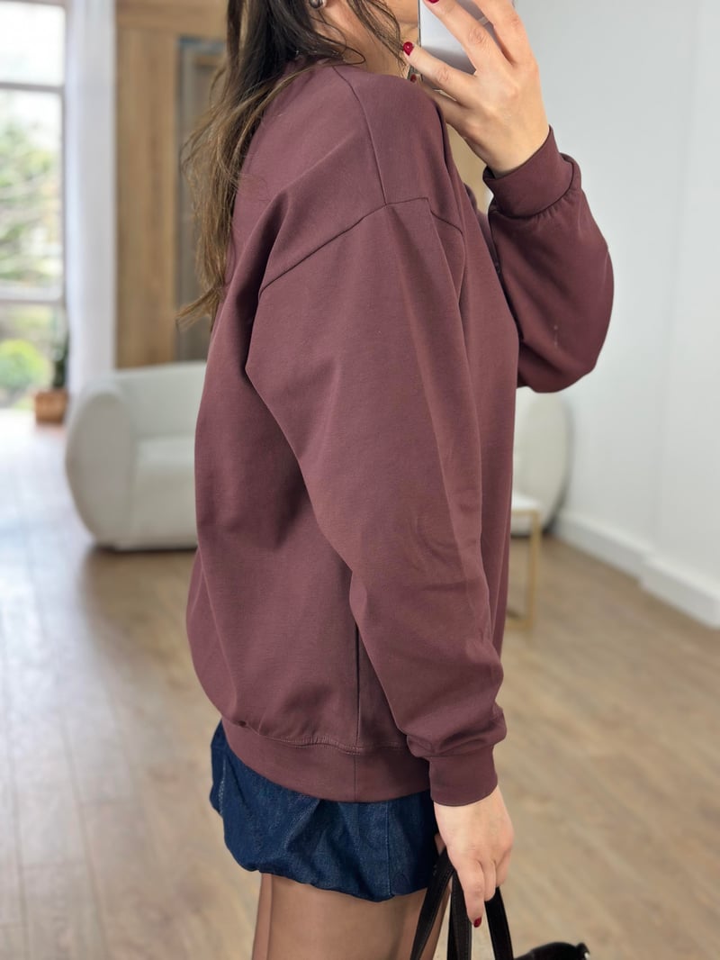 Bisiklet Yaka Pamuklu Basic Sweatshirt - Kahverengi