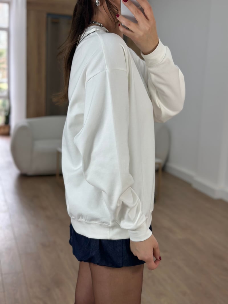 Bisiklet Yaka Pamuklu Basic Sweatshirt - Ekru