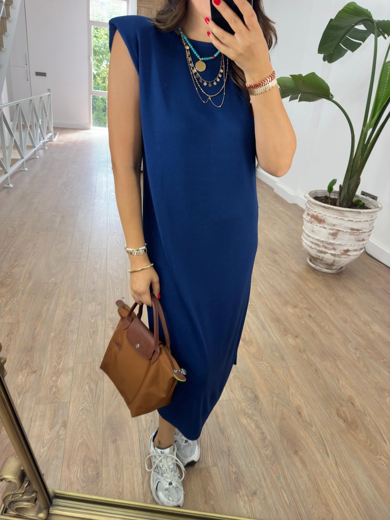 Bisiklet Yaka Vatkalı Basic Elbise-Lacivert