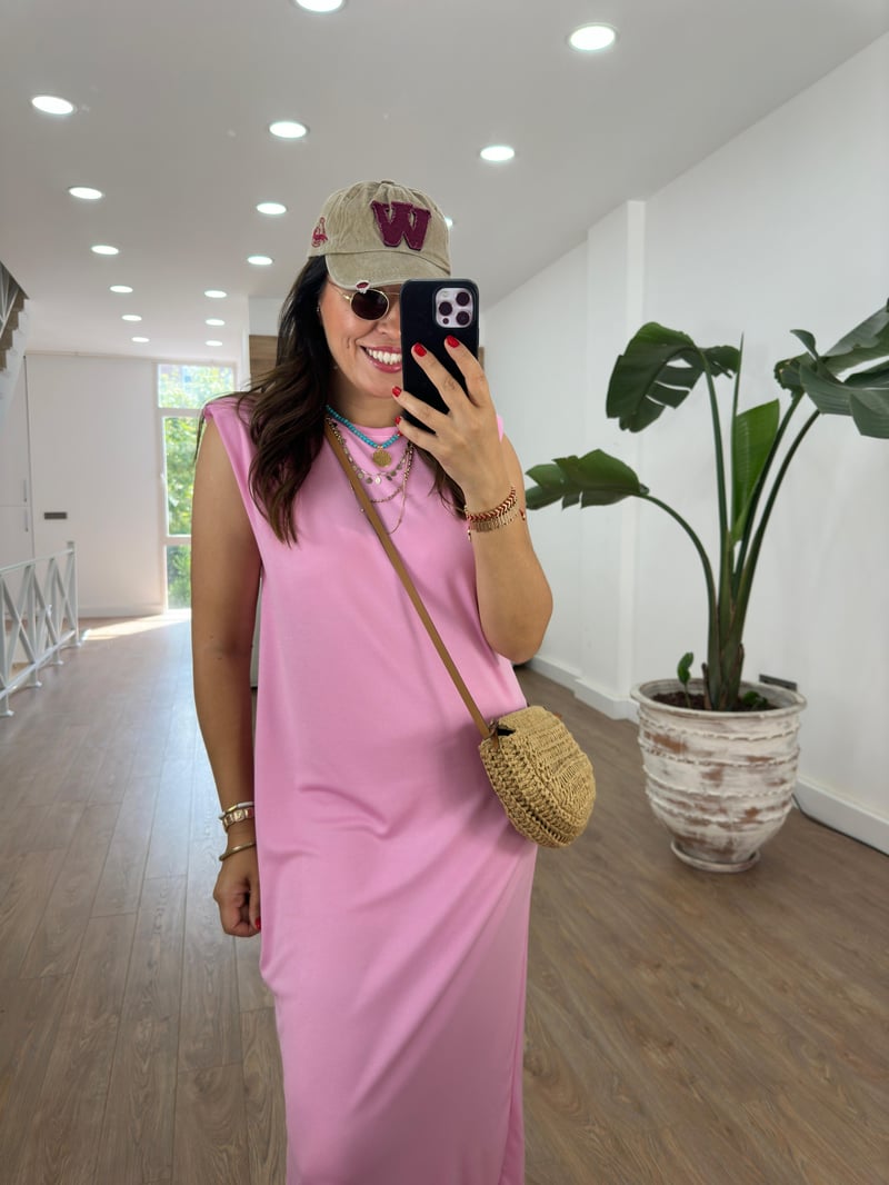 Bisiklet Yaka Vatkalı Basic Elbise-Pembe