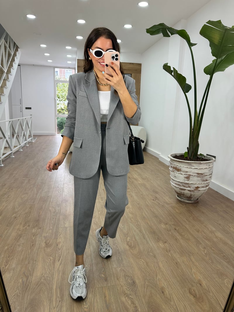 Blazer Ceketli Takım-Gri