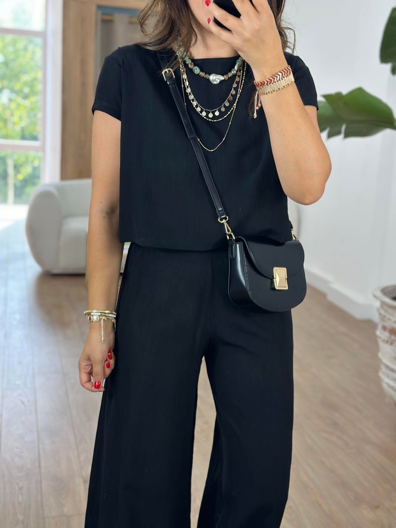 Bol Paça Pantolonlu Basic Takım-Siyah