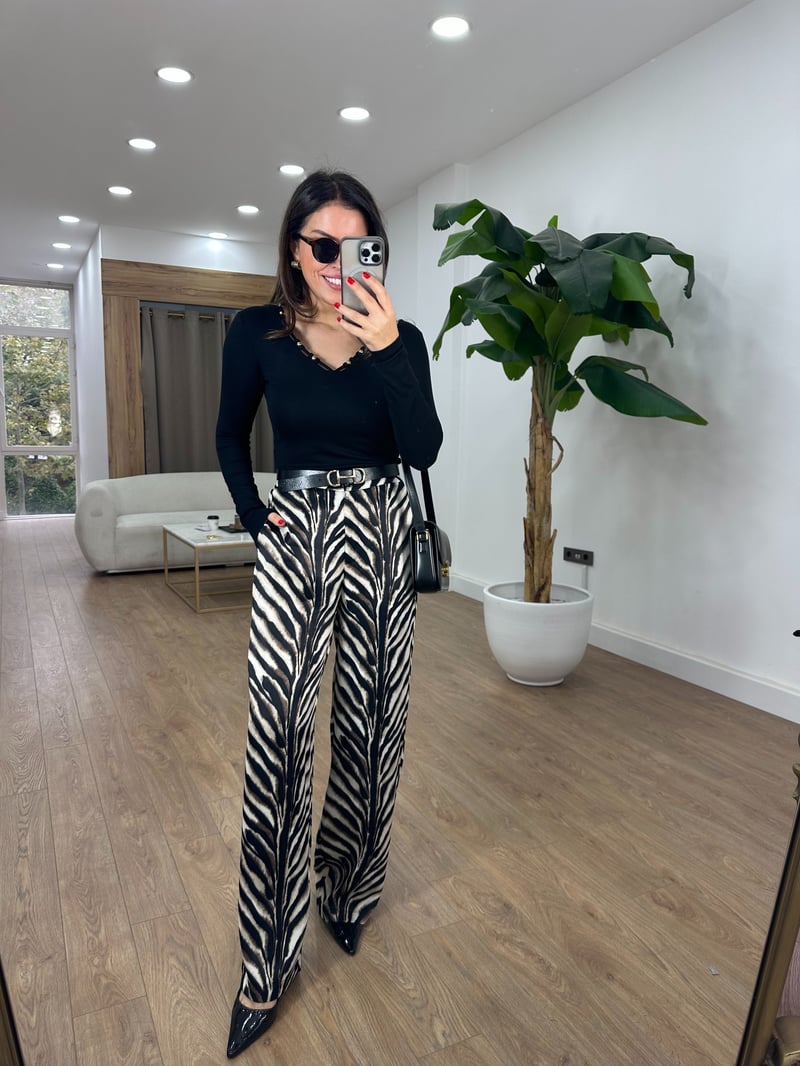 Bol Paça Zebra Saten Pantolon - Bej