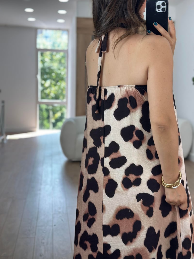 Boyundan Bağlamalı Leopar Elbise