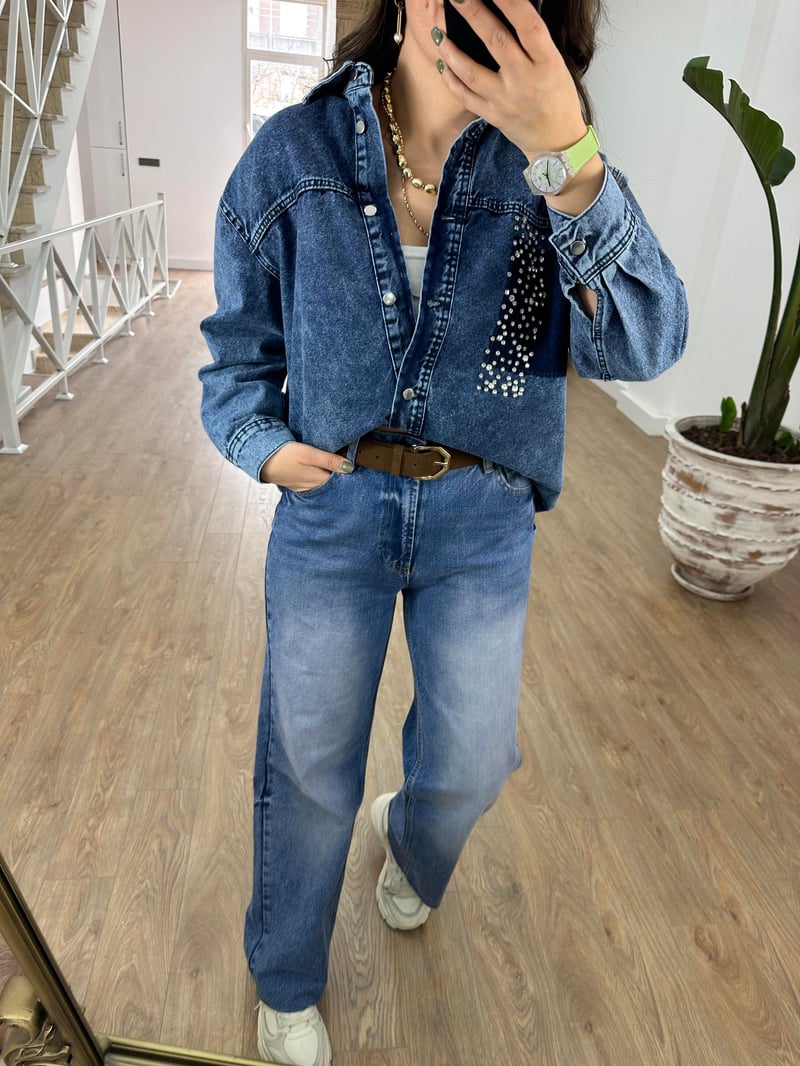 Çakım Taşlı Denim Ceket