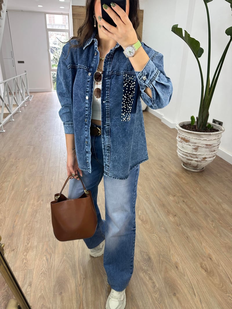 Çakım Taşlı Denim Ceket