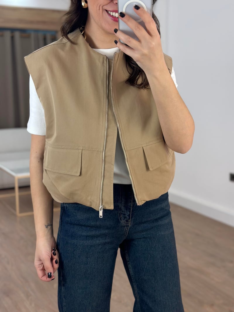 Cepli Fermuarlı Bomber Yelek - Camel