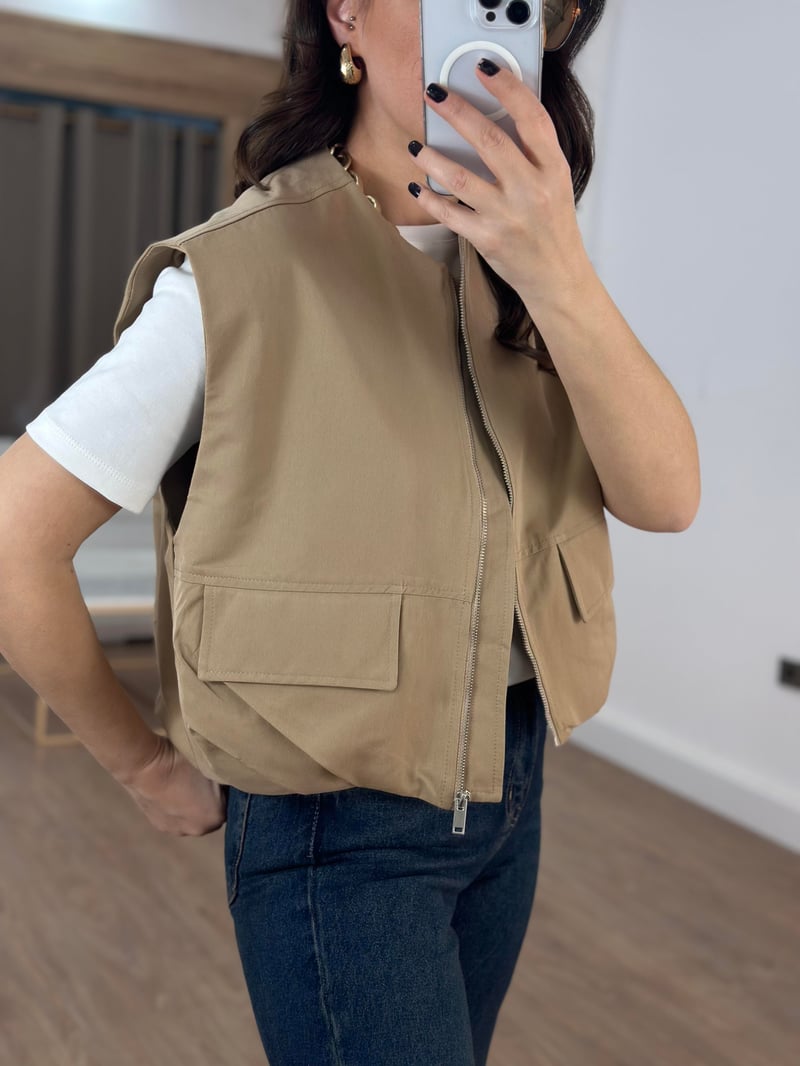 Cepli Fermuarlı Bomber Yelek - Camel