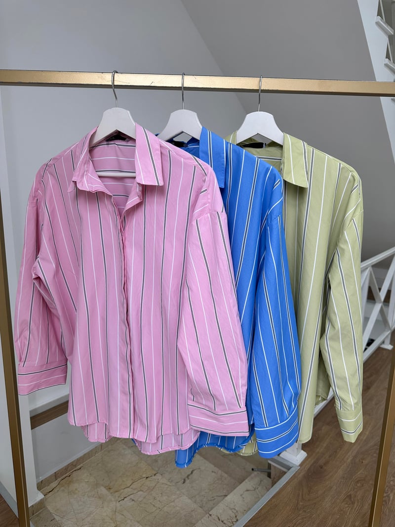 Çizgili Oversize Gömlek-Pembe