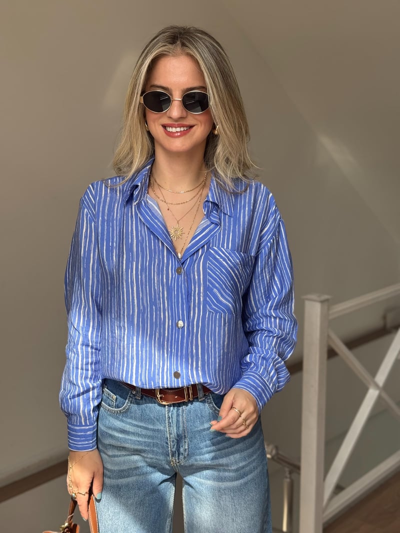 Çizgili Salaş Gömlek - Mavi