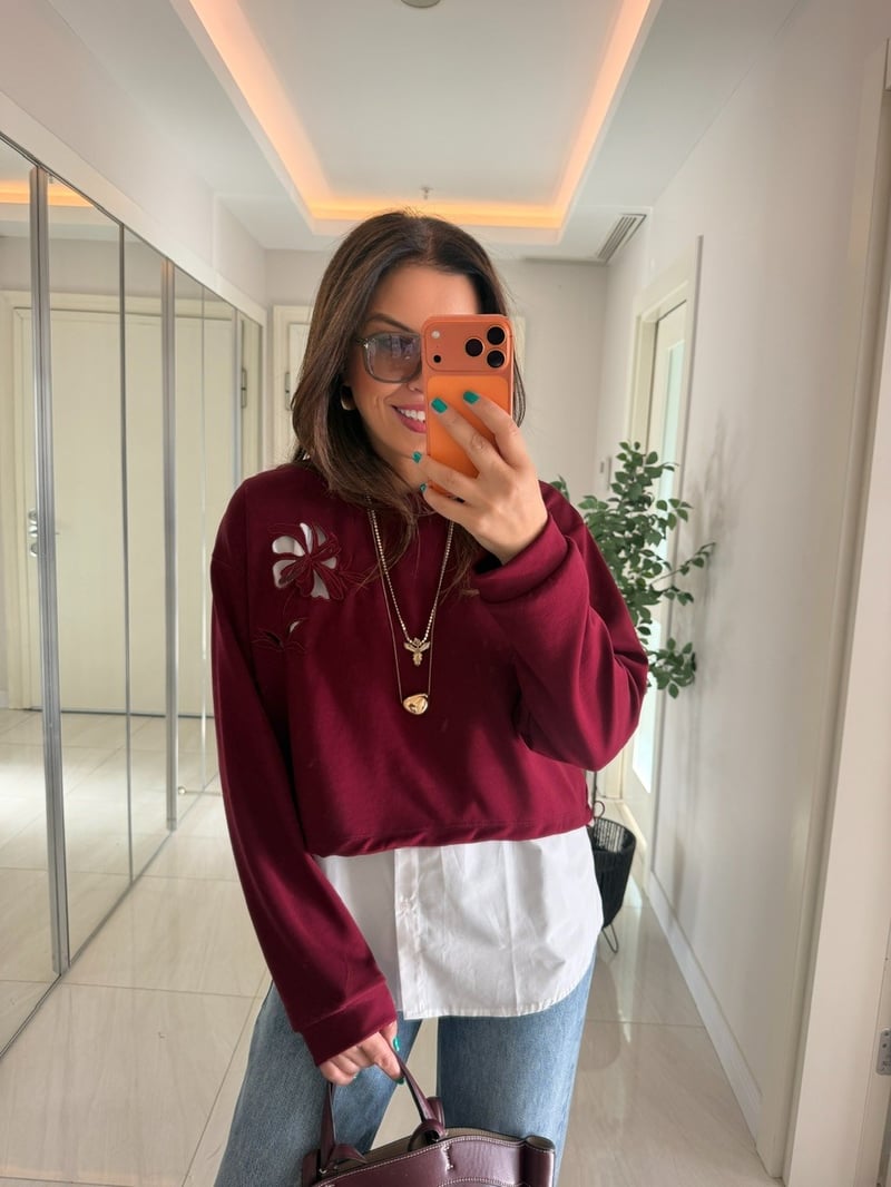 Orijinal Model Nakışlı Gömlekli Sweat - Bordo