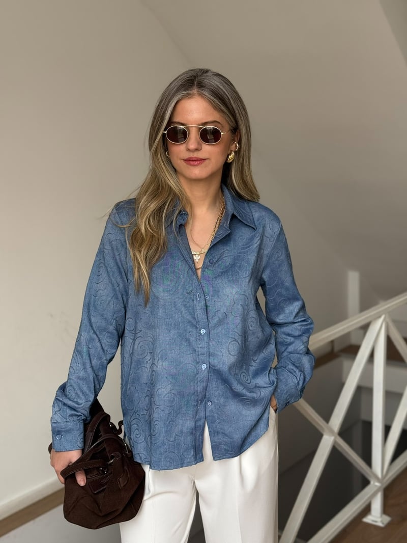 Nakış Detaylı Tensel Denim Gömlek - Mavi