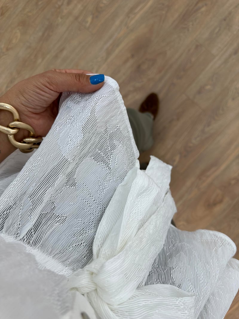 Dantel Detaylı Beli Lastikli Bluz - Beyaz