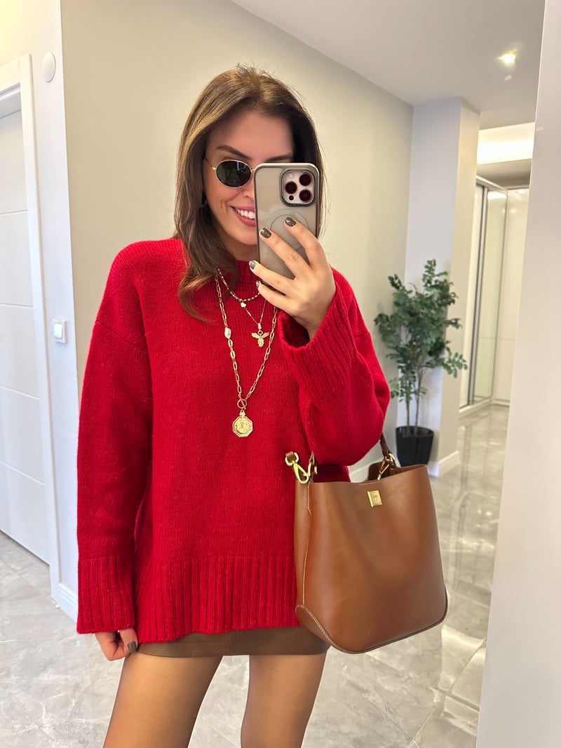 Dekoratif Detaylı Basic Triko Kazak - Kırmızı 