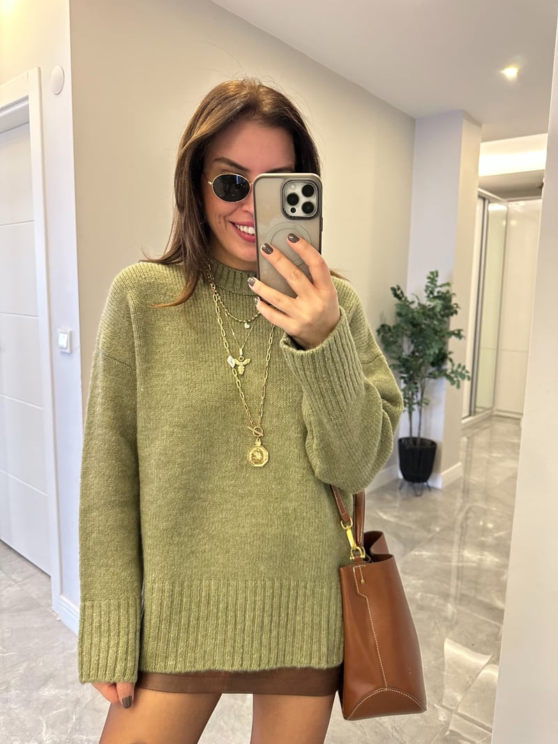 Dekoratif Detaylı Basic Triko Kazak - Yeşil