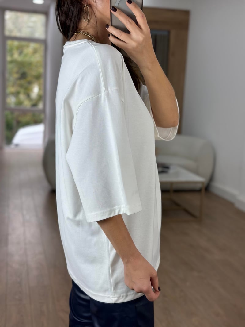 Dekoratif Yaka Oversize Basic Tshirt - Ekru