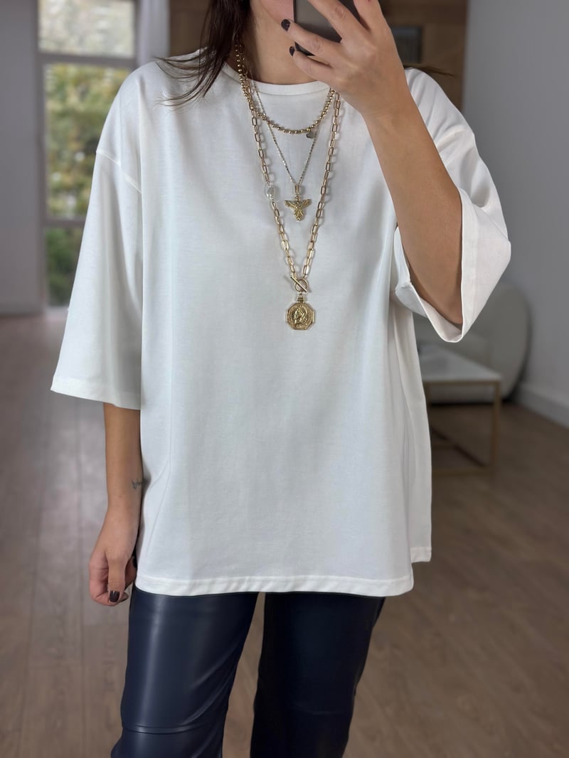 Dekoratif Yaka Oversize Basic Tshirt - Ekru