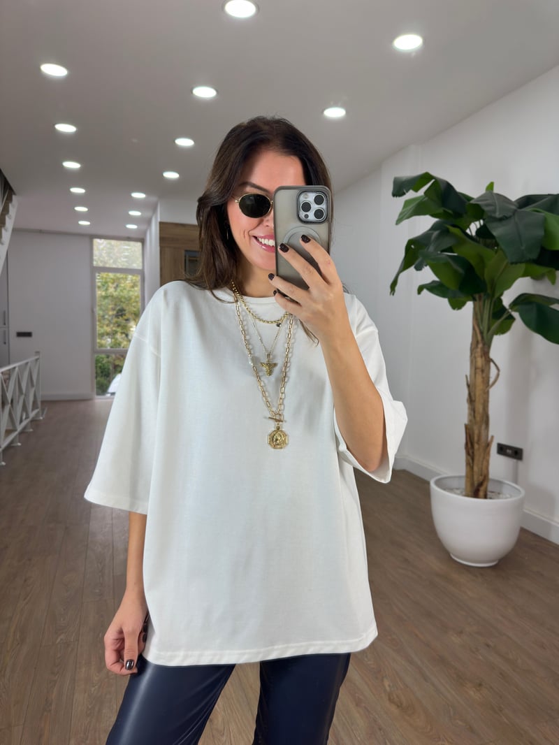 Dekoratif Yaka Oversize Basic Tshirt - Ekru