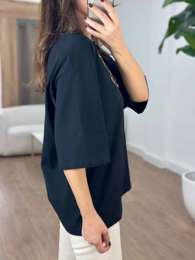 Dekoratif Yaka Oversize Basic Tshirt - Siyah