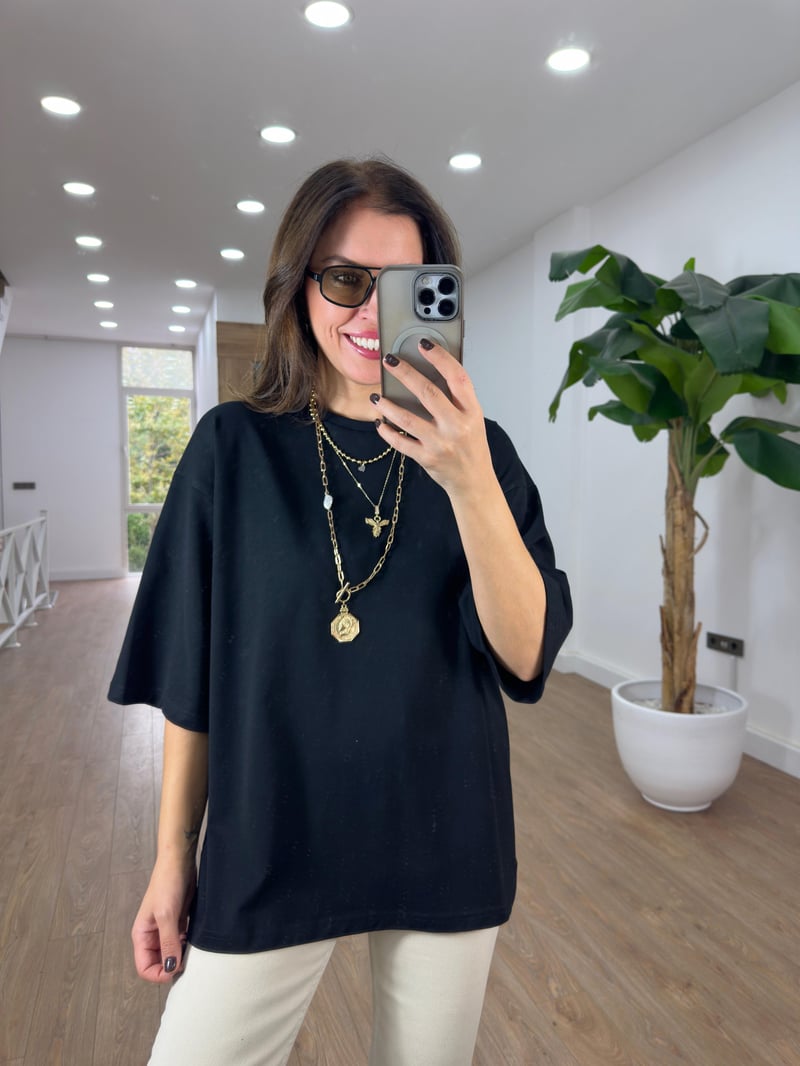 Dekoratif Yaka Oversize Basic Tshirt - Siyah