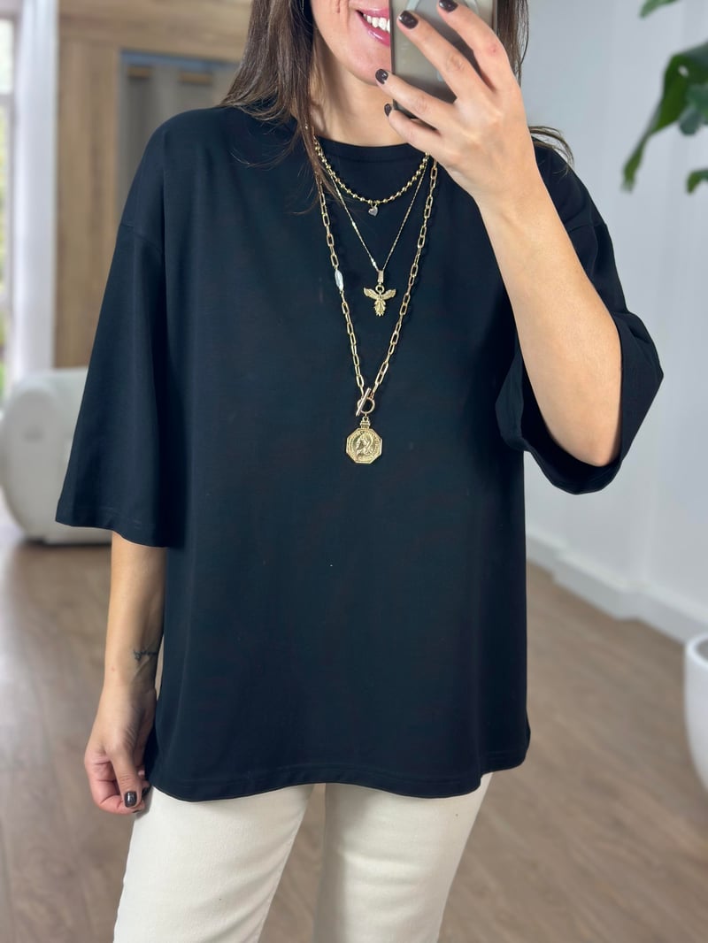 Dekoratif Yaka Oversize Basic Tshirt - Siyah