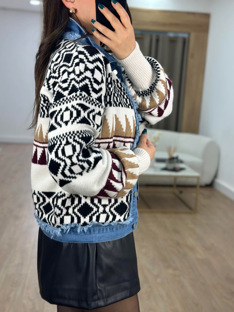 Denim Detay Etnik Desen Triko Ceket