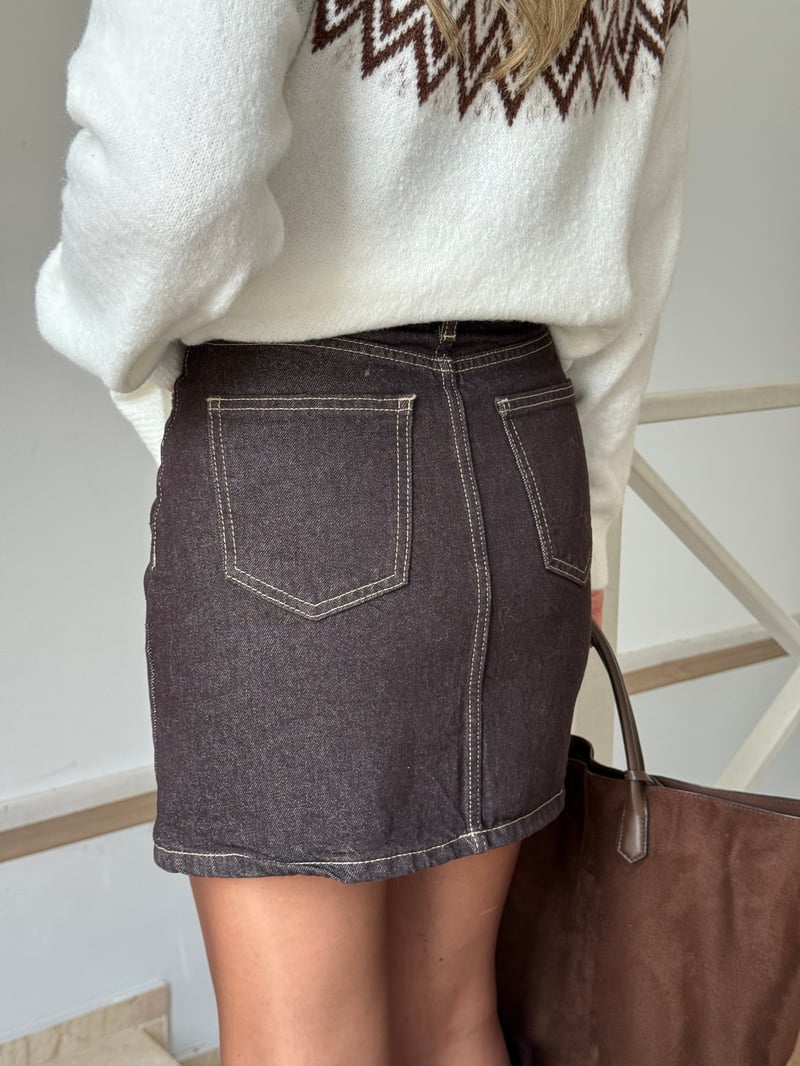 Dikiş Detaylı Mini Denim Etek - Kahverengi