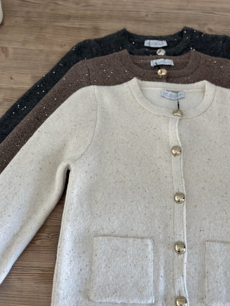 Dilvin Bisiklet Yaka Pullu Simli Düğmeli Triko Hırka - Ekru