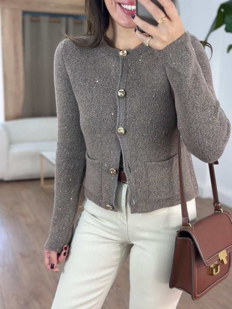 Dilvin Bisiklet Yaka Pullu Simli Düğmeli Triko Hırka - Kahverengi