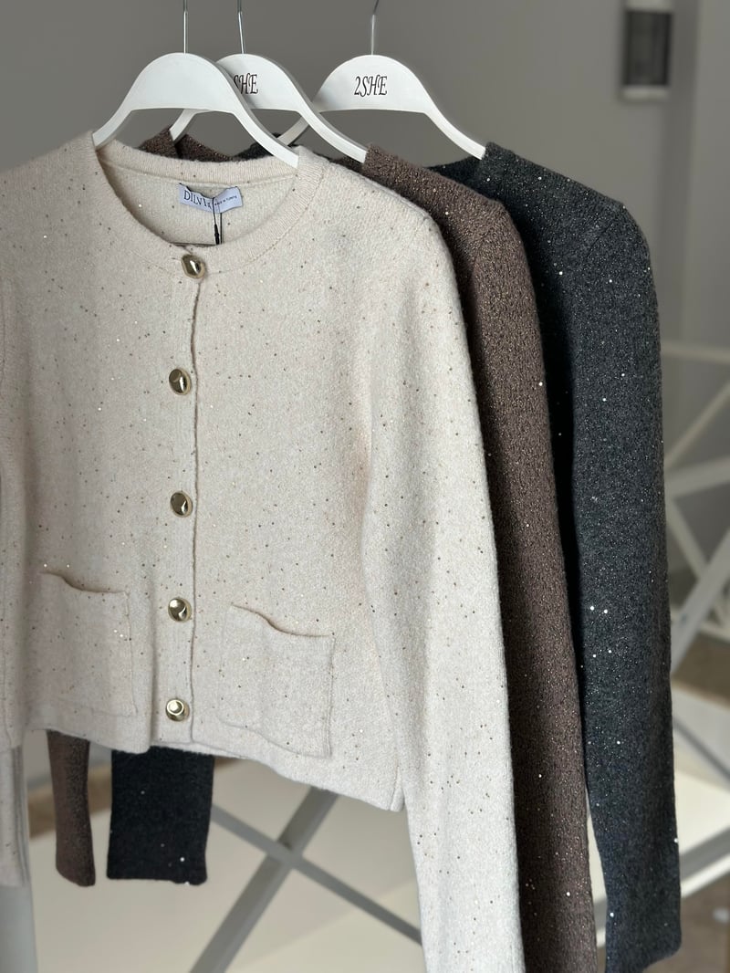 Dilvin Bisiklet Yaka Pullu Simli Düğmeli Triko Hırka - Antrasit