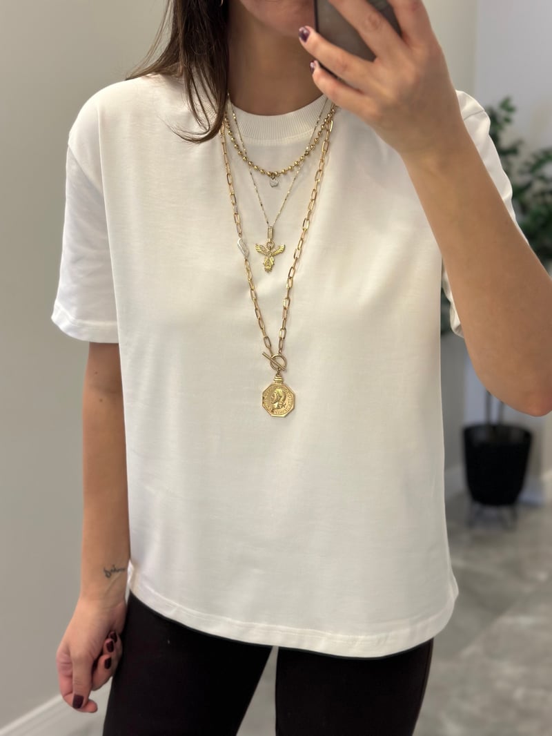 Dilvin Dekoratif Yaka Basic Tshirt - Beyaz